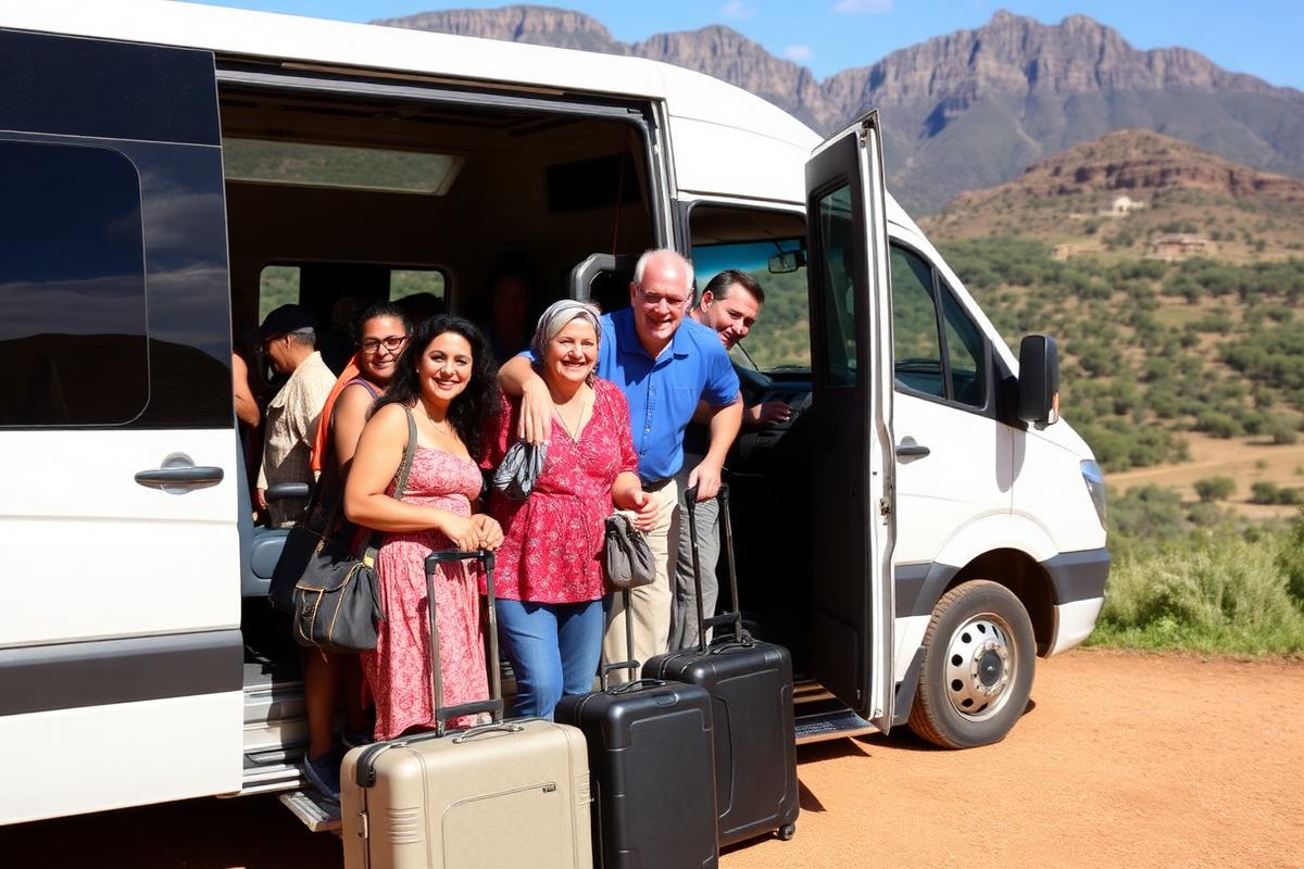 Tourists boarding shuttle at scenic location